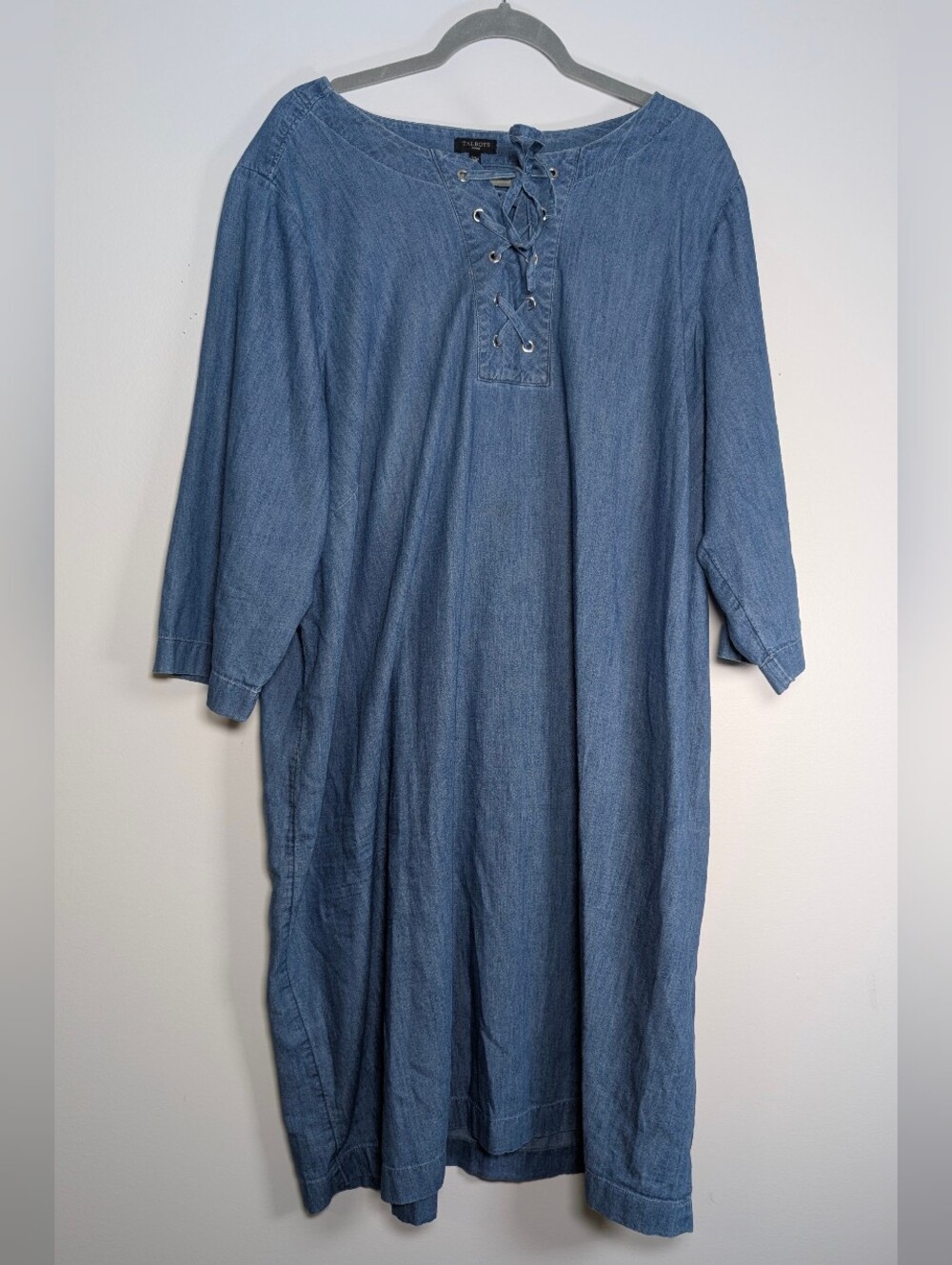 Talbots Woman 2X Chambray Denim Midi Dress Lace Up Coastal Boho Cottagecore - Picture 2 of 9